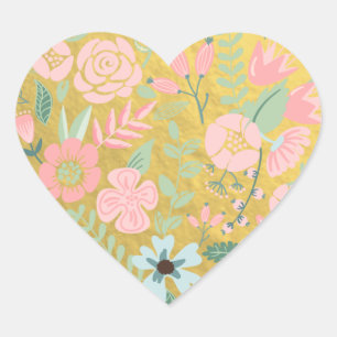 Colourful Flowers Gold Foil Heart Sticker