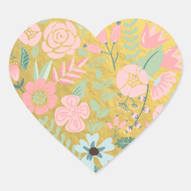 Colourful Flowers Gold Foil Heart Sticker (Front)