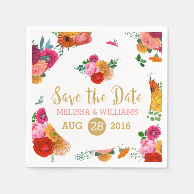 Colourful Flowers & Gold Glitter Save the Date Napkin (Front)