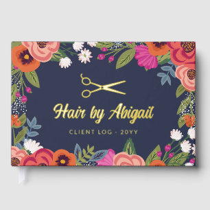 Colourful Flowers Gold Scissor Hair Salon Guest Book