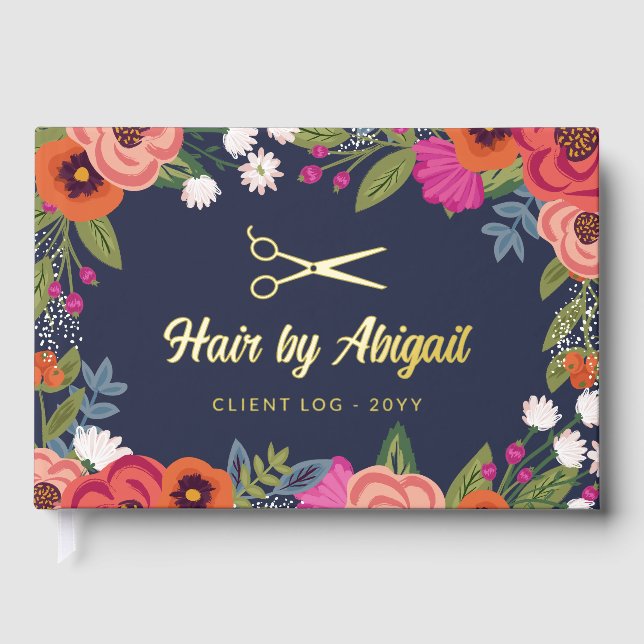 Colourful Flowers Gold Scissor Hair Salon Guest Book (Front)