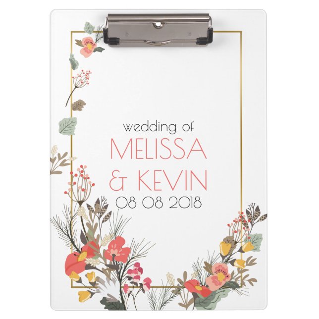 Colourful Flowers & Gold Wedding Frame Clipboard (Front)