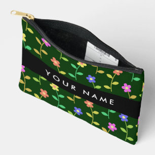 Colourful Flowers, Green Background, Black Accessory Pouch