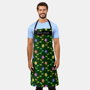 Colourful Flowers, Green Background, Black Apron