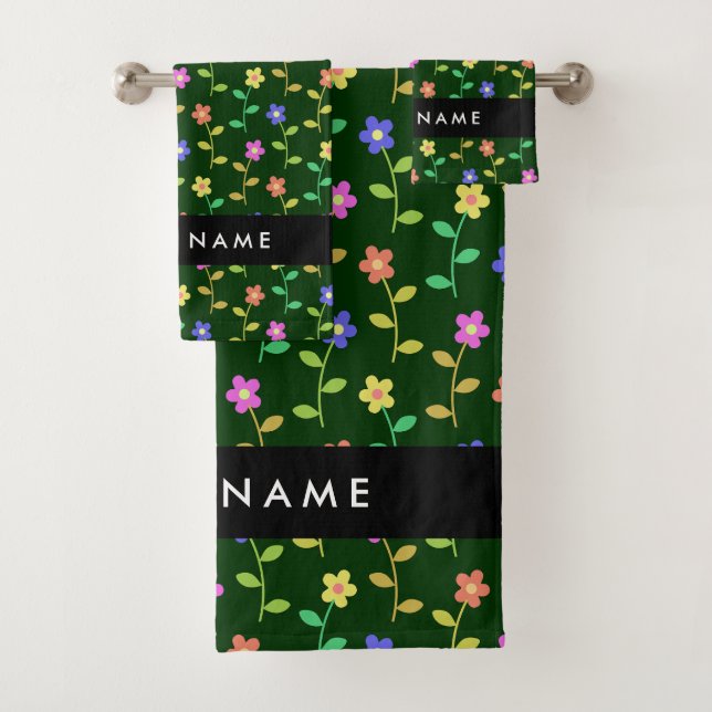 Colourful Flowers, Green Background, Black Bath Towel Set (Insitu)