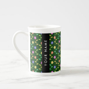Colourful Flowers, Green Background, Black Bone China Mug