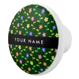 Colourful Flowers, Green Background, Black Ceramic Knob