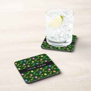 Colourful Flowers, Green Background, Black Coaster