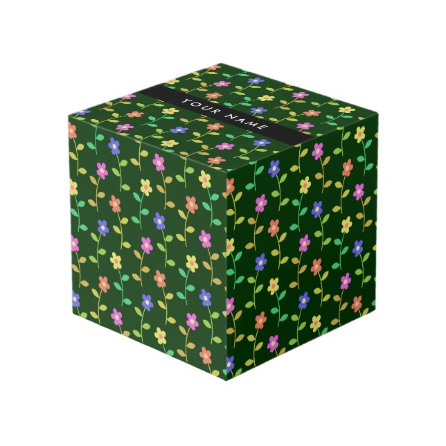 Colourful Flowers, Green Background, Black Cube (Front Angled)