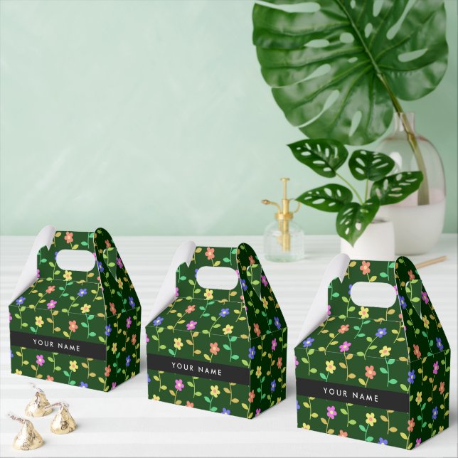 Colourful Flowers, Green Background, Black Favour Box (Multiple)