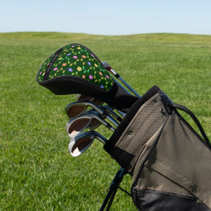 Colourful Flowers, Green Background, Black Golf Head Cover