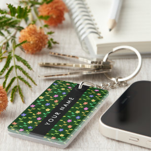 Colourful Flowers, Green Background, Black Key Ring