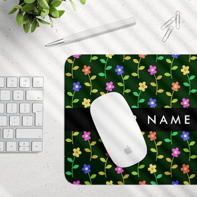 Colourful Flowers, Green Background, Black Mouse Mat (Creator Uploaded)