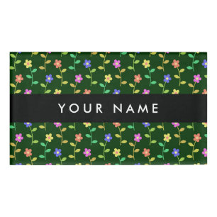 Colourful Flowers, Green Background, Black Name Tag