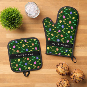 Colourful Flowers, Green Background, Black Oven Mitt & Pot Holder Set