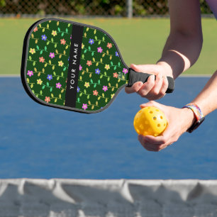 Colourful Flowers, Green Background, Black Pickleball Paddle