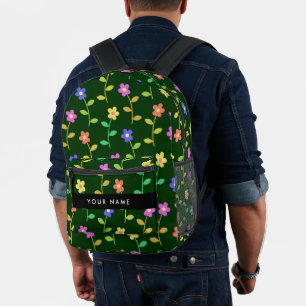 Colourful Flowers, Green Background, Black Printed Backpack