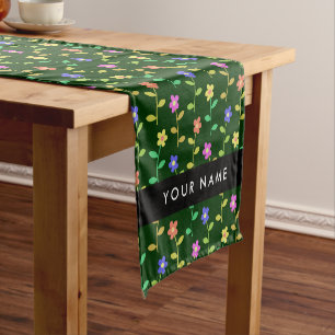 Colourful Flowers, Green Background, Black Short Table Runner