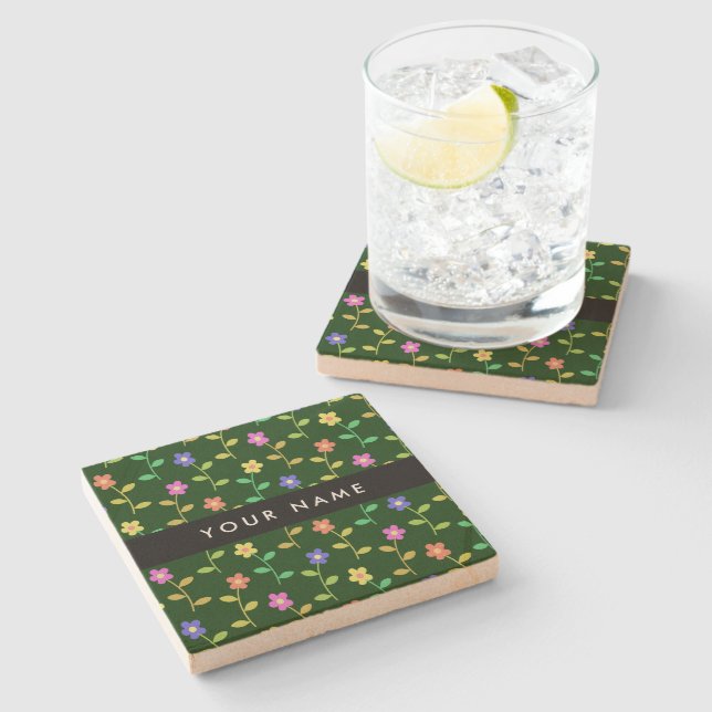 Colourful Flowers, Green Background, Black Stone Coaster (Side)