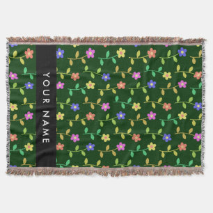 Colourful Flowers, Green Background, Black Throw Blanket