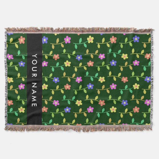 Colourful Flowers, Green Background, Black Throw Blanket (Front)