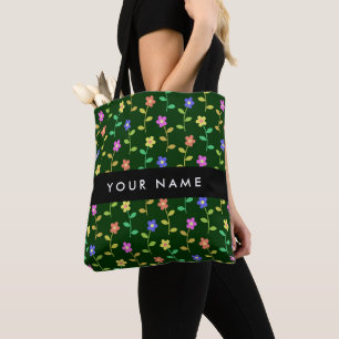 Colourful Flowers, Green Background, Black Tote Bag