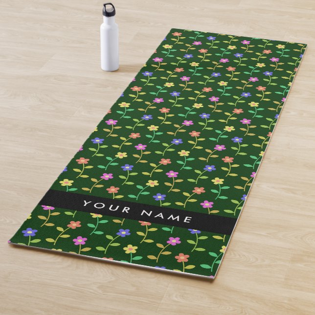 Colourful Flowers, Green Background, Black Yoga Mat (In Situ)