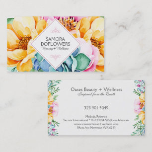 Colourful  Flowers & Green Cactus Watercolors Business Card