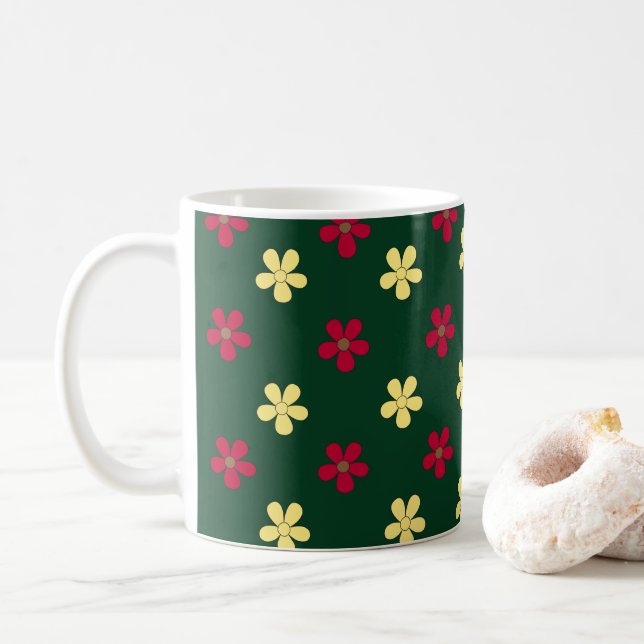 Colourful Flowers Green Cute Floral Pattern Coffee Mug (With Donut)