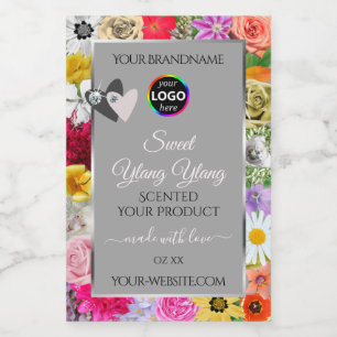 Colourful Flowers Grey Product Labels Hearts Logo