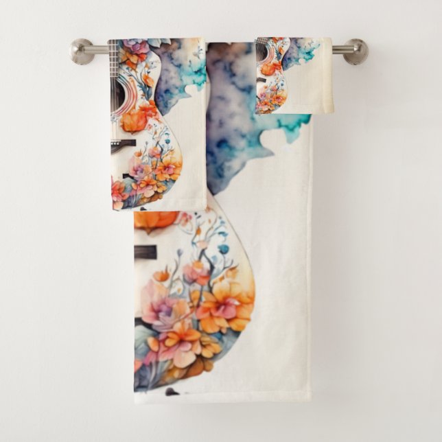 Colourful Flowers Guitar Music Instrument Elegant Bath Towel Set (Insitu)