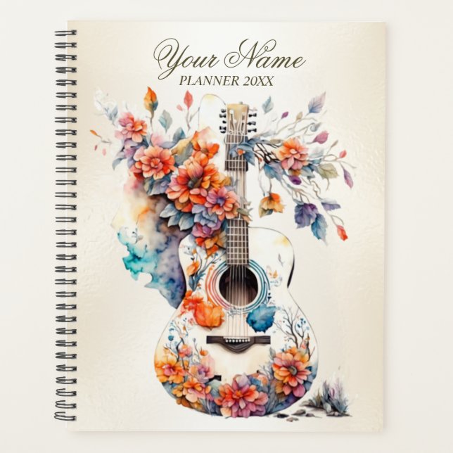 Colourful Flowers Guitar Music Instrument Elegant Planner (Front)