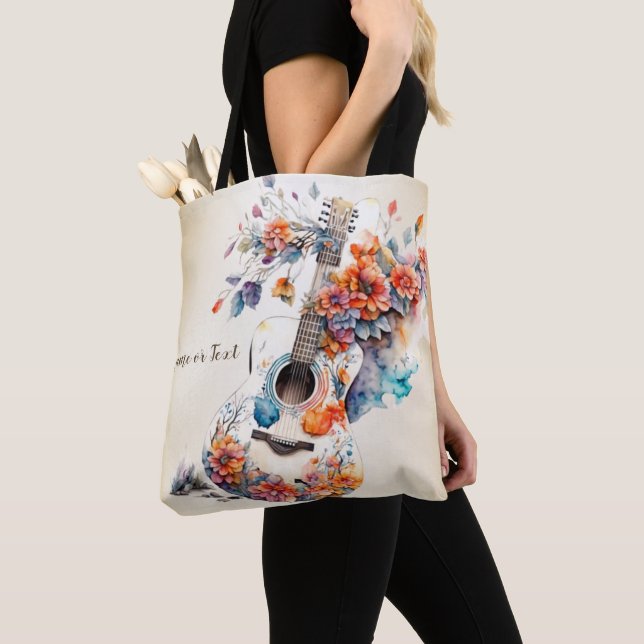 Colourful Flowers Guitar Music Instrument Elegant Tote Bag (Close Up)