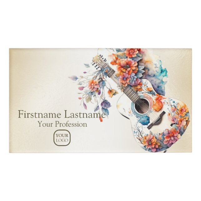 Colourful Flowers Guitar Music Instrument Name Tag (Front)