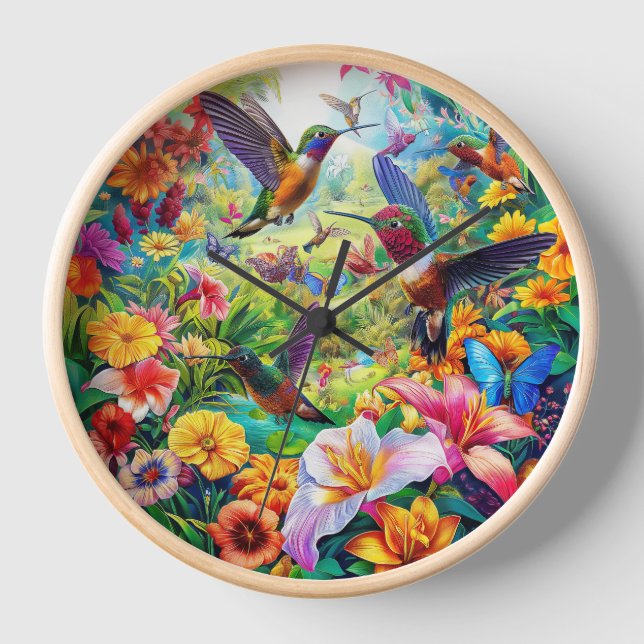 Colourful Flowers Humming Bird Nature Animal Fores Clock (Front)