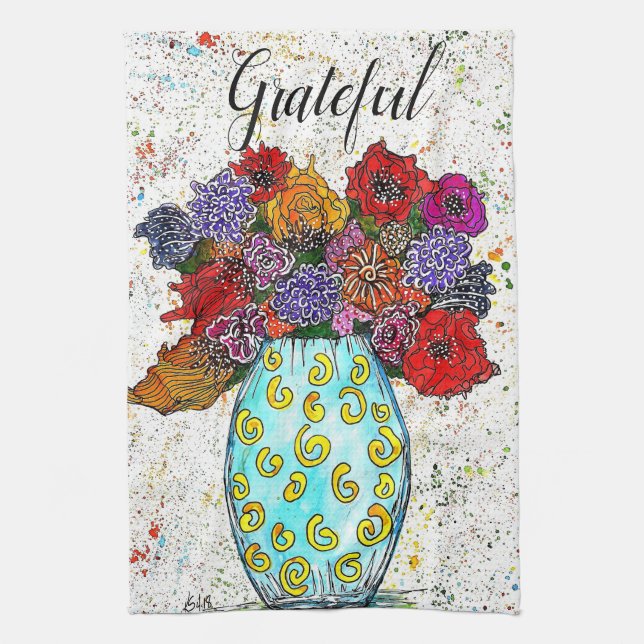 Colourful Flowers in a Vase Floral Kitchen Towel (Vertical)