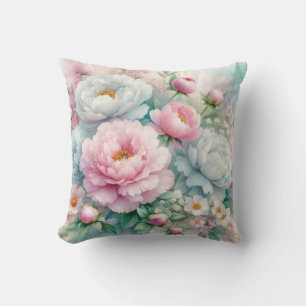 Colourful flowers in soft pastel colours watercolo cushion