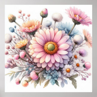Colourful flowers in soft pastel colours watercolo poster