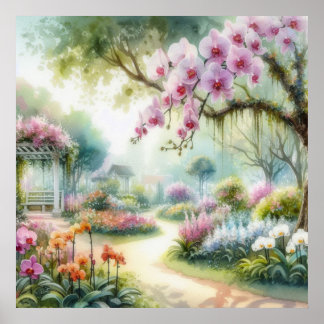 Colourful flowers in soft pastel colours watercolo poster