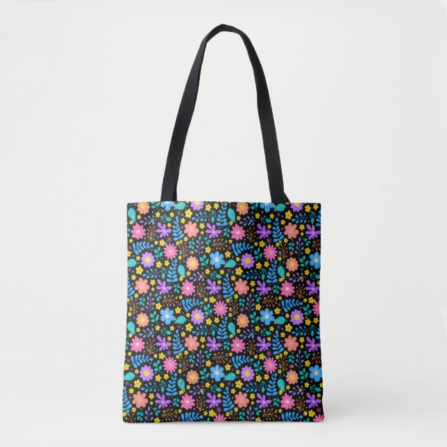 Colourful flowers in sparkling stars pattern Black Tote Bag (Front)