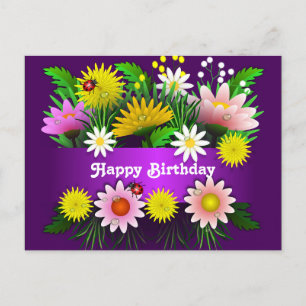 Colourful Flowers Lady Bugs Watercolor Birthday Postcard