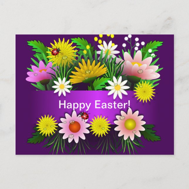 Colourful Flowers Lady Bugs Watercolor Easter Postcard (Front)