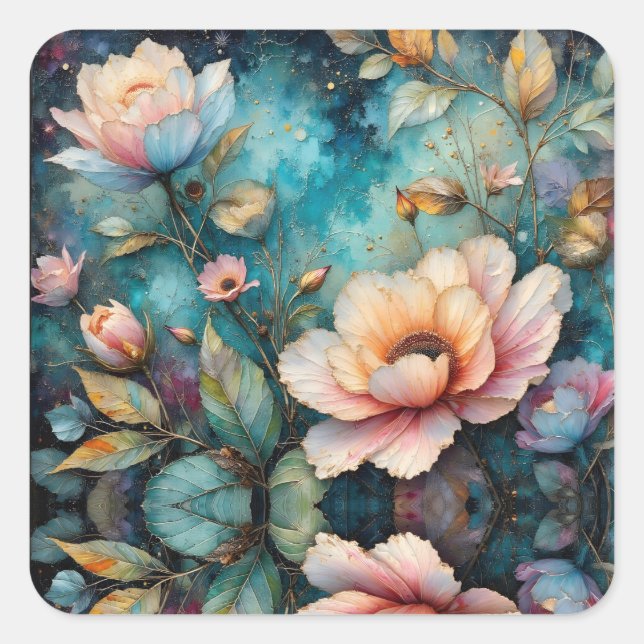 Colourful flowers leaves and sky square sticker (Front)