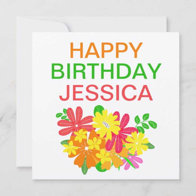 Colourful Flowers Leaves Happy Birthday Name Card (Front)