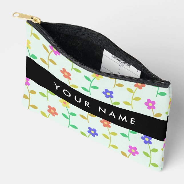 Colourful Flowers, Light Green Background, Black Accessory Pouch (Open)