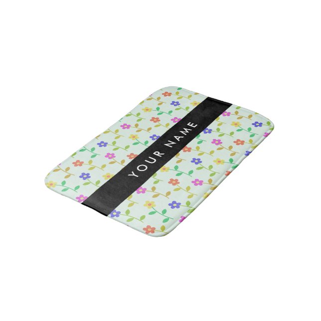 Colourful Flowers, Light Green Background, Black Bath Mat (Angled)