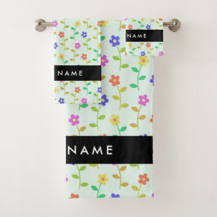 Colourful Flowers, Light Green Background, Black Bath Towel Set