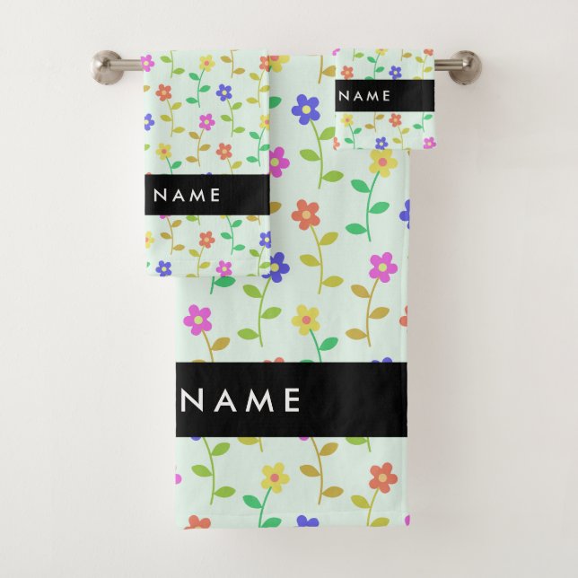 Colourful Flowers, Light Green Background, Black Bath Towel Set (Insitu)