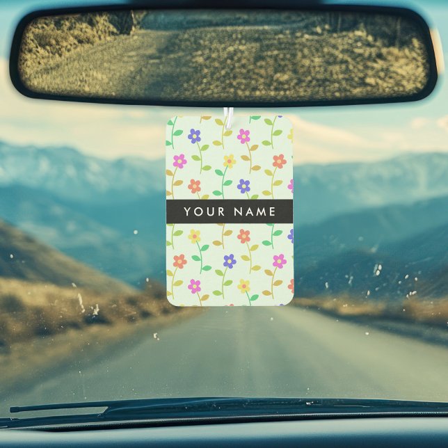 Colourful Flowers, Light Green Background, Black Car Air Freshener (Creator Uploaded)