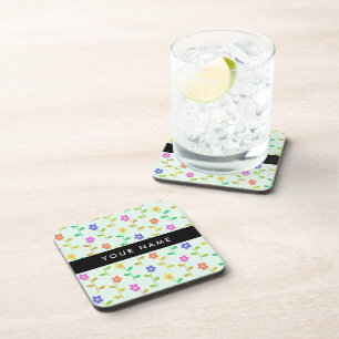 Colourful Flowers, Light Green Background, Black Coaster